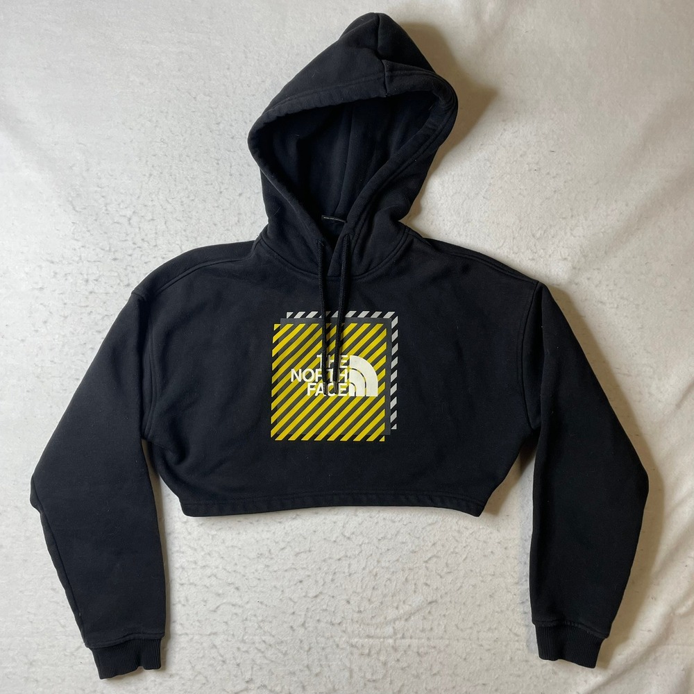 The North Face Womens Black Yellow Graphic Cropped Hoodie Sweatshirt Size Small